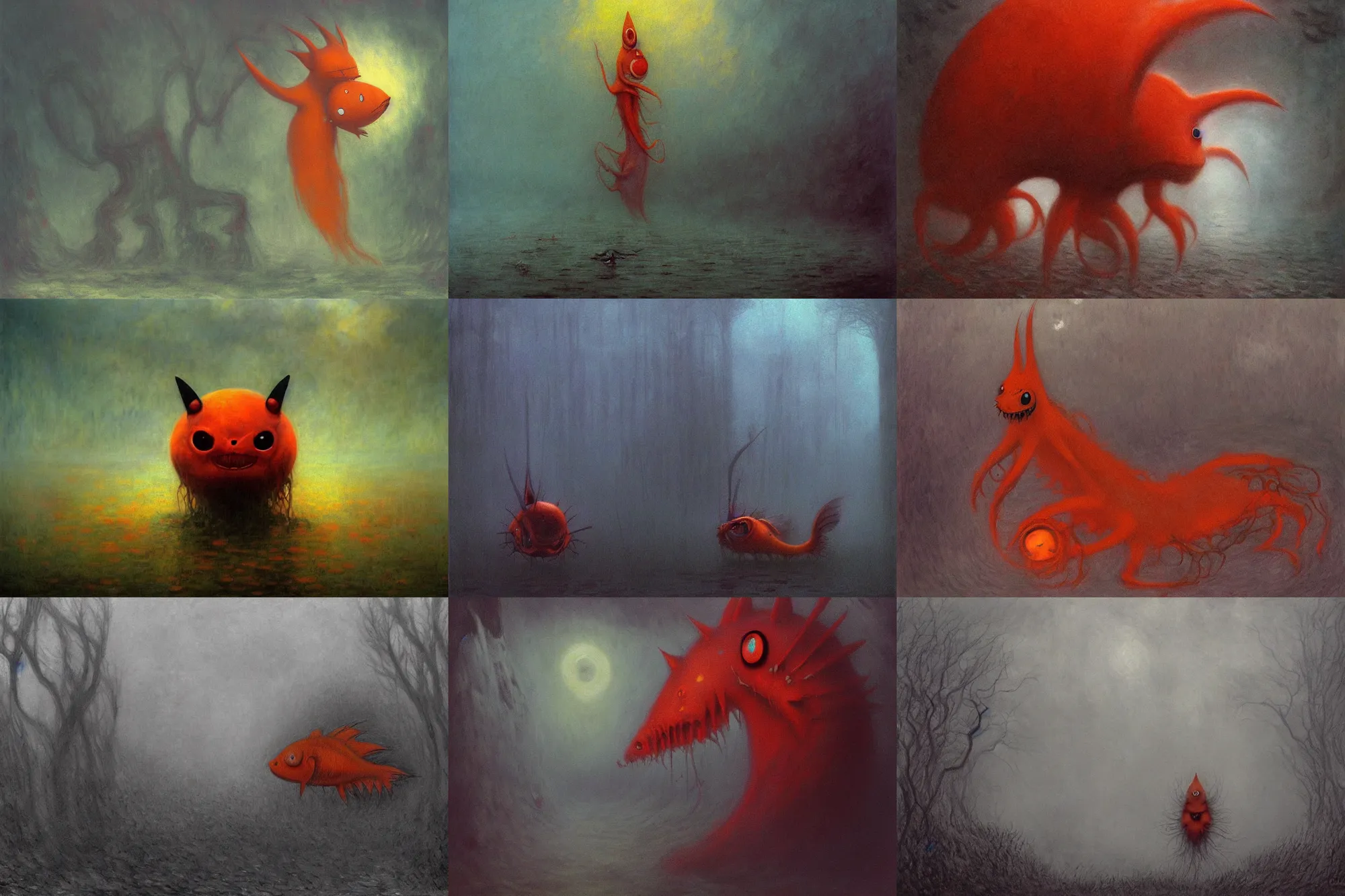 Prompt: gloomy eerie photo of corphish. orange cartoon pokemon animal. zdislaw beksinski, yoshitaka amano, creepy, horror, beautiful painting by claude monet 8 k