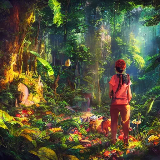 Prompt: life in the forest, vivid colors, realistic photo, environmental lighting, award - winning masterpiece photograph, cinematic view, studio ghibli, artgerm, high detail