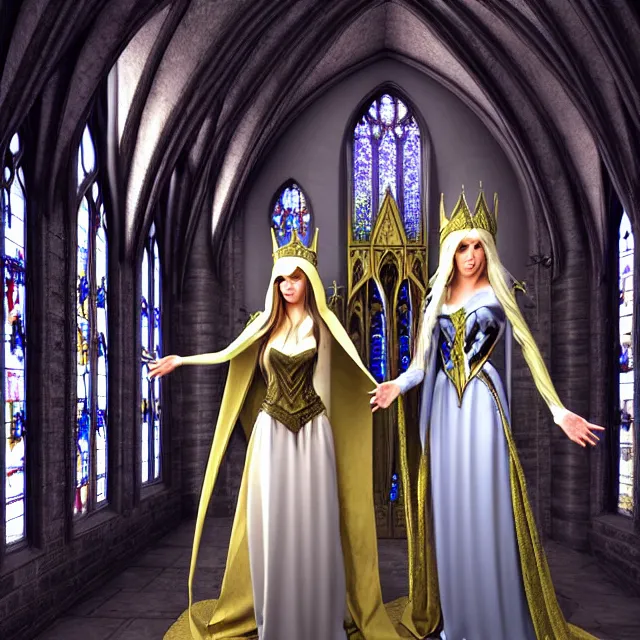 Prompt: an elf queen and ice queen in a gothic church, highly detailed, 4 k, hdr, smooth, sharp focus, high resolution, award - winning photo, close up, illustrated by anne stokes, photorealistic