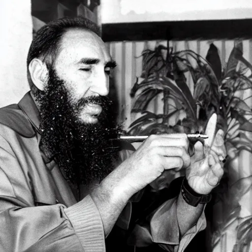 Prompt: photograph of Fidel Castro having a joint