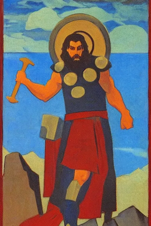 Image similar to thor holding the hammer, marvel, artwork by nicholas roerich,