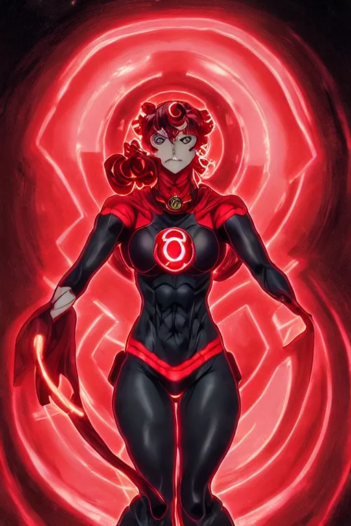 Image similar to anime key visual of a beautiful female red lantern!! intricate, red and black suit, glowing, powers, rage, anger, hate, dc comics, cinematic, stunning, highly detailed, digital painting, artstation, smooth, hard focus, illustration, art by artgerm and greg rutkowski and alphonse mucha