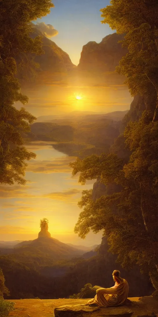Prompt: symmetry!! god overlooking a surreal landscape of a dream, lucid dream, people, very detailed, serene, peaceful, golden hour, perfect lighting, perfect composition, digital art, illustration, frederic edwin church, tom white, 4 k