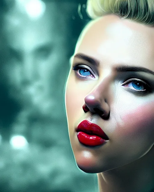 Image similar to highly detailed vfx portrait of scarlett johansson, red lipstick, global illumination, detailed and intricate environment by james jean