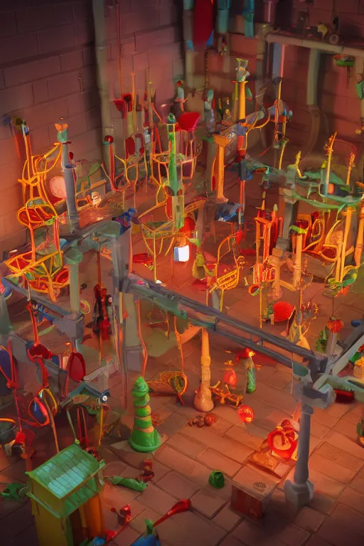 Image similar to render of fisher price dungeon with plastic torture devices, fisher price house plastic walls, cinematography by wes anderson, 4 k octane render, intricate detail, photorealistic, cinematic lighting, artstation