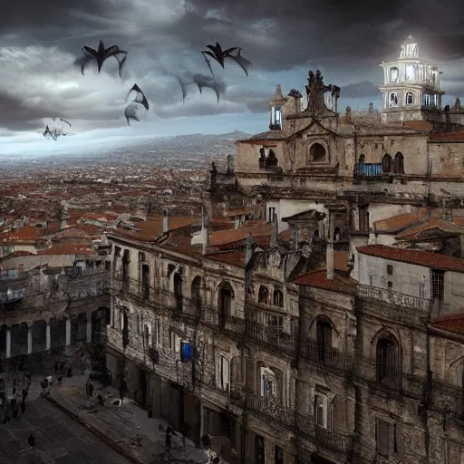 Image similar to the monumental city of caceres with dragons flying over it, dramatic lighting, cinematic, extremly high detail, photorealistic, cinematic lighting, post processed, concept art, artstation, matte painting, style by greg rutkowsky