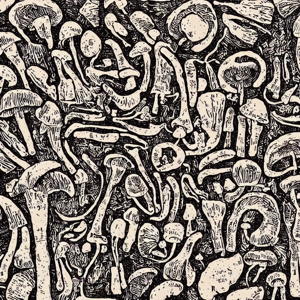 Image similar to a linocut engraving of hyeroglyphs made out of mushrooms