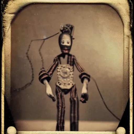 Image similar to creepy marionette puppet, clockwork horror, pediophobia, lost photograph, forgotten, final photo found before disaster, polaroid,