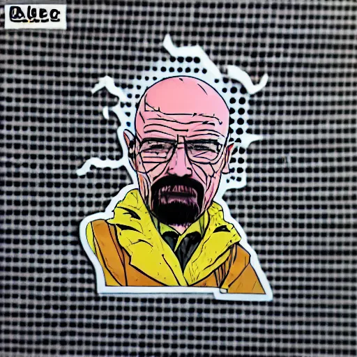 Image similar to die cut sticker, walter white wearing the joker outfit, splatter paint