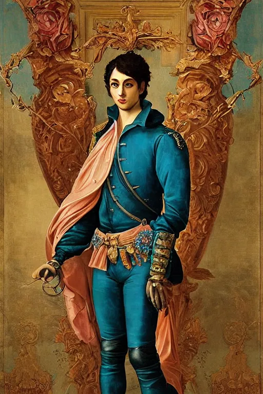 Image similar to a young handsome Spanish prince in a full-body bronze cyberpunk style statue of an android with glowing blue eyes with an open chest exposing a sparking motherboard chip, crown of peach roses, flowing teal-colored silk, fabric, flowers. baroque elements, human skull. full-length view. baroque element. intricate artwork by caravaggio. many many birds birds on background. Trending on artstation, octane render, cinematic lighting from the right, hyper realism, octane render, 8k, depth of field, 3D