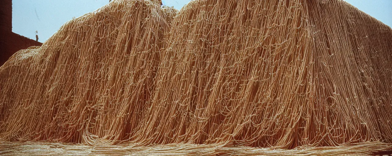 Image similar to spaghetti overflowing an ancient mesopotamian ziggurat, architectural, minimal, canon 5 0 mm, wes anderson film, kodachrome