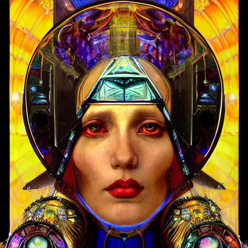 Image similar to renaissance portrait of an iridescent art deco machine priestess, reflective detailed textures, highly detailed fantasy science fiction painting by moebius, norman rockwell and william holman hunt. modern industrial shaman, rich colors, high contrast. artstation