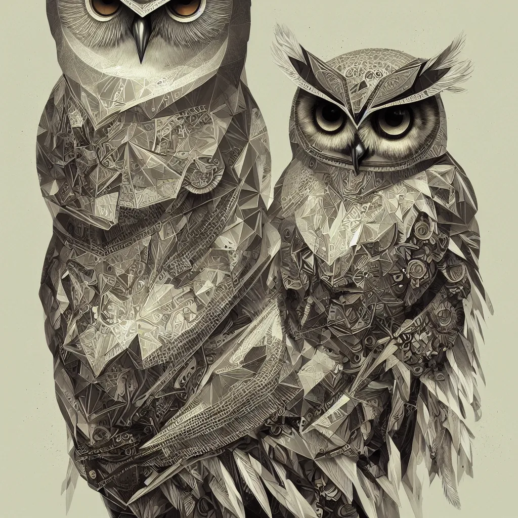 Image similar to portrait of a geometric owl, identical eyes, medium shot, illustration, full body made of white feathers, symmetrical, art stand, super detailed, cinematic lighting, and its detailed and intricate, gorgeous, by peter mohrbacher