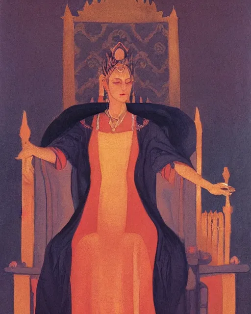 Prompt: an illustration of a queen on a throne at night in the style of johann heinrich fussli and nicholas roerich and georgia o keeffe, realistic, detailed, oil painting