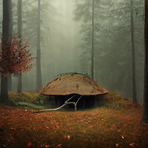 Prompt: an old hut in an autumn forest, shaman is near, green and brown tones, by Aron Wiesenfeld and beksincki, cinematic, detailed illustration, nature, fog, dark colors, suspense, intricate, 8k