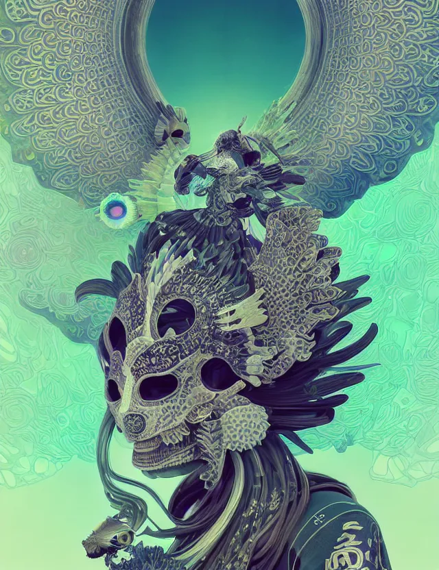 Image similar to 3 d goddess close - up profile solarpunk portrait ram skull. beautiful intricately detailed japanese crow kitsune mask and clasical japanese kimono. betta fish, jellyfish phoenix, bio luminescent, plasma, ice, water, wind, creature, artwork by tooth wu and wlop and beeple and greg rutkowski