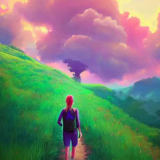 Image similar to giant carnation flower as a head, girl hiking in a lush valley, surreal photography, sunrise, dramatic light, impressionist painting, colorful clouds, digital painting, artstation, simon stalenhag