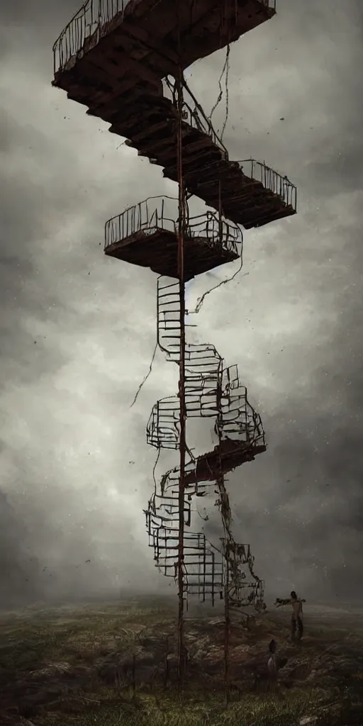 Image similar to a rusty old and wire upside - down edgy giant staircase to heaven, building construction, storm, misty background, in the game pathologic 2, highly detailed, sharp focus, matte painting, by rhads, artgerm, isaac levitan and asher brown durand,