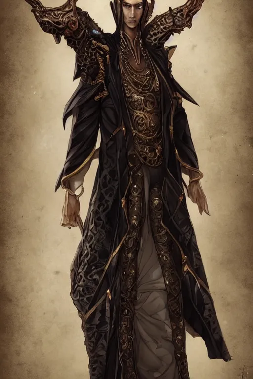 Prompt: beautiful full body portrait of a human - giraffe hybrid male wizard, scaley!! black onyx skin, wearing a robe, by wlop and artgerm, steampunk fiction, detailed deep black eyes, space background, trending, on artstation.