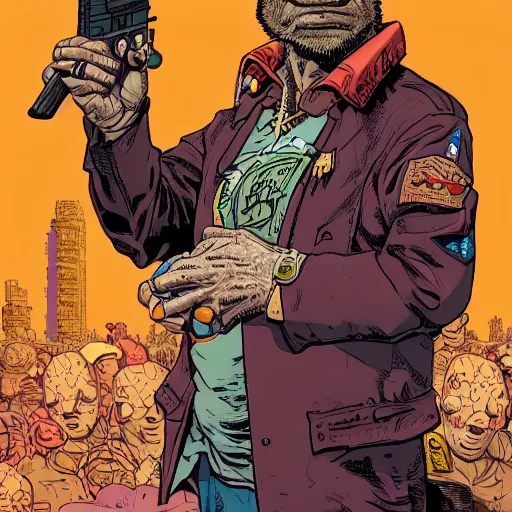 Image similar to A sorcerer wielding two Glock pistols, bust shot, art by Geof Darrow, high detail, 8k, Smooth, High contrast, depth of field, aperture f2.8