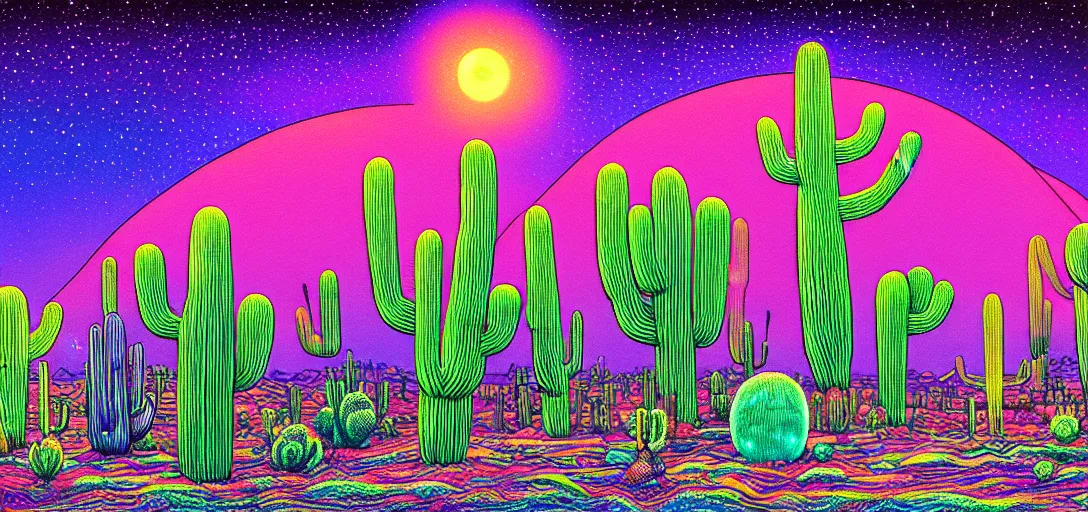 Prompt: A hand drawn digital still of mystical desert with strange ethereal creatures and cactus with a psychedelic night sky in the style of Alex Grey and Moebius, risograph, Artstation HD, 8k, Surrealistic digital artwork,