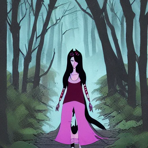 Image similar to marceline the vampire queen walking in the woods, detailed matte art