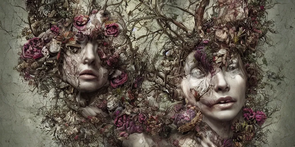 Prompt: beautiful and detailed rotten woman corpse with fractal plants and fractal flowers and mushrooms growing around, face muscles, veins, arteries, intricate, ornate, worms, flies, butterflies, symmetrical, sad, surreal, ray caesar, john constable, guy denning, dan hillier