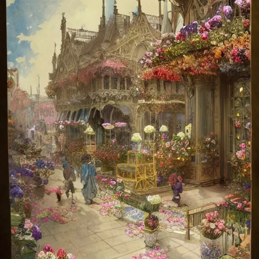 Image similar to a beautifull intricate watercolour painting of a victorian confectionery room with many flowers and, reflexions, verry high details by william turner art, greg rutkowski and alphonse mucha, trending on artstation, very very detailed, masterpiece,