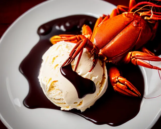 Prompt: dslr food photograph of a plate of lots of vanilla ice cream and a crawfish, little chocolate sauce, 8 5 mm f 1. 4