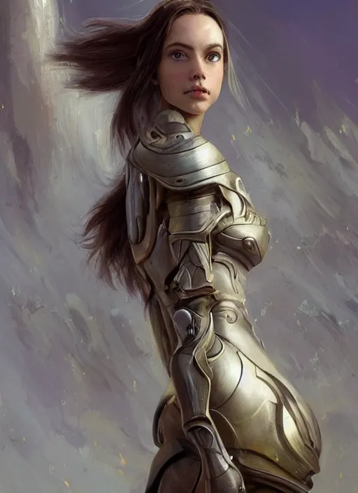 Image similar to a professional painting of a beautiful young female alien, clothed in ethereal armor, olive skin, long dark hair, beautiful bone structure, symmetrical facial features, intricate, elegant, digital painting, concept art, smooth, sharp focus, illustration, from Valerian and the City of a Thousand Planets, by Ruan Jia and Mandy Jurgens and Artgerm and William-Adolphe Bouguerea