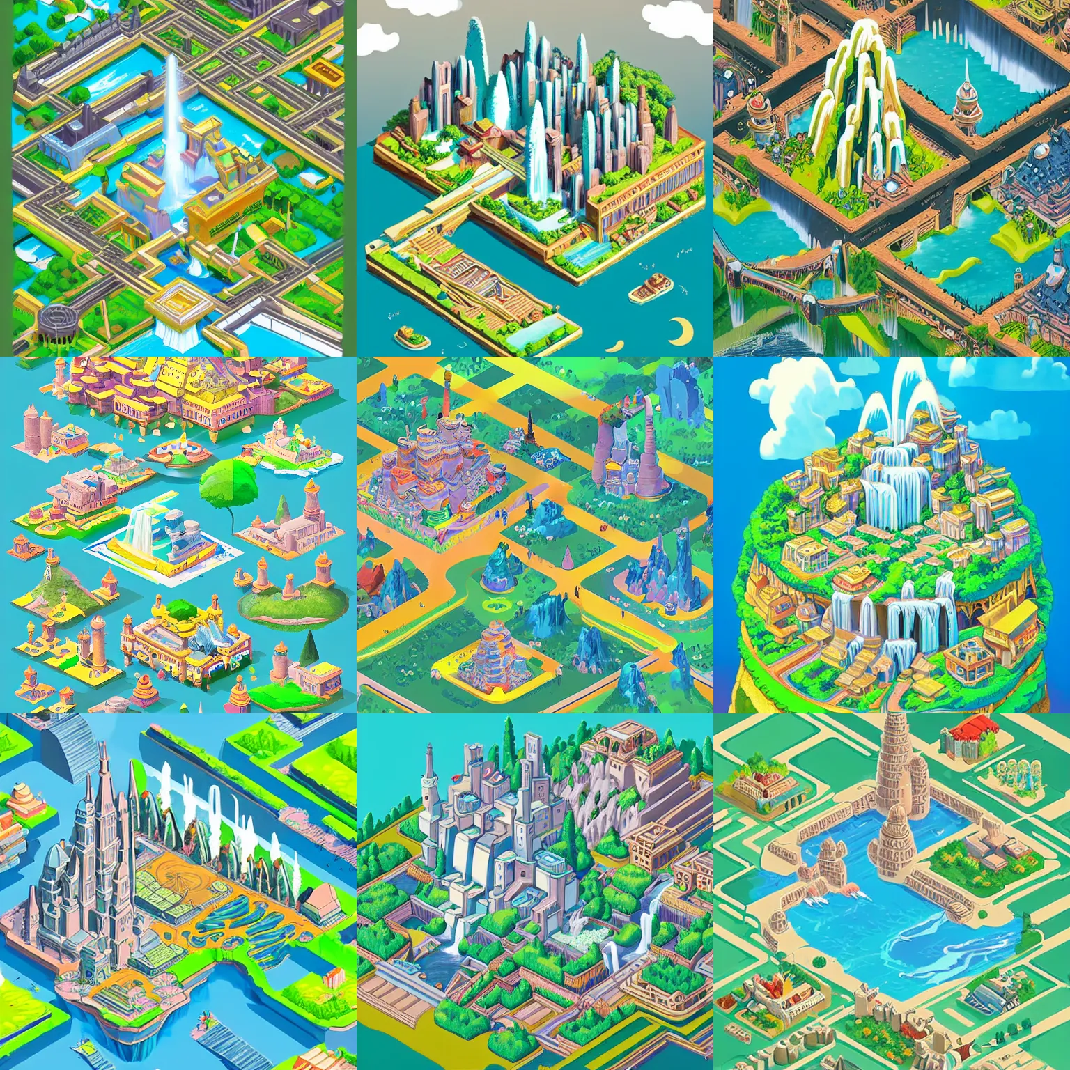 Image similar to isometric fantasy art of a giant waterfall city with tall skybridges and turrets, bold colors, detailed, by studio ghibli