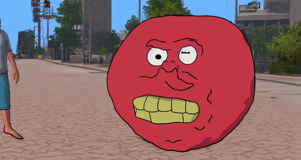 Image similar to Screenshot of a 3d version of Meatwad from Aqua Teen Hunger Force as a 3d NPC in the videogame 'Grand Theft Auto V' (2013). Sharpened. 1080p. High-res. Ultra graphical settings.