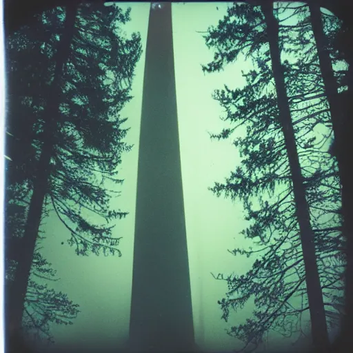 Image similar to a towering statue in a forest clearing reaching into the fog, night, old polaroid, expired film, megalophobia,