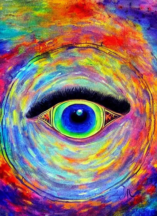 Image similar to a beautiful painting of a single all-knowing eye in a cloudy sky, visionary art, beautiful colors
