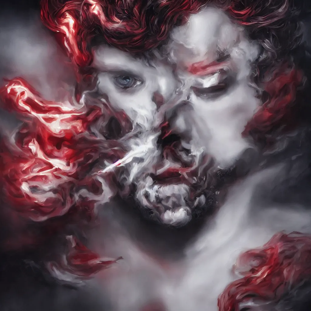 Image similar to oil painting of a pale menacing prince with fluffy blond curls of hair and piercing eyes, genetically augmented super soldier, with soft red color and black color luminous eyes, against a hellish background with vapor and a lot of smoke, darkart, hyperdetailed, hyperealistic, cinematography, 16k, 3D, Artstation, Deviantart, very beautiful
