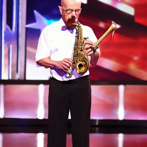 Prompt: walter white playing the saxophone on america's got talent