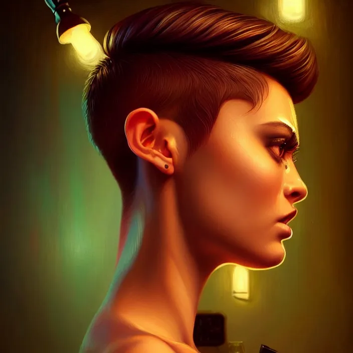 Prompt: a young sophisticated beautiful barmaid, dimly lit dive bar, hip modern vibe, relaxed pose, pixie cut with shaved side hair, wild, highly detailed, digital painting, artstation, sharp focus, illustration, detailed painterly digital art style by ross tran and ramond swanland and liam wong + perfect facial symmetry + dim volumetric lighting, vibrant deep colors, 🍸, 8k octane beautifully detailed render, post-processing, extremely hyperdetailed, epic composition, grim yet sparkling atmosphere, cinematic lighting + masterpiece, Art Nouveau, unreal engine, hyperrealistic, old english, sepia