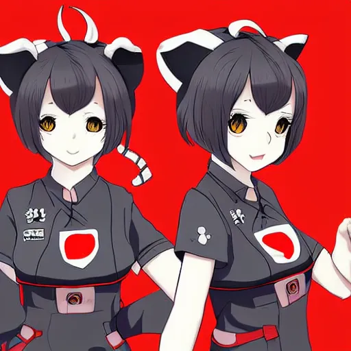 Image similar to digital artwork of adult female anime character with cat ears wearing soviet era uniform, wearing a tshirt with a face of karl marx on it, in the style of krenz cushart