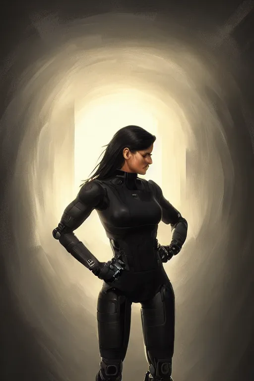 Image similar to gina carano with robotic left arm, casual black clothing, casual pose, large portrait, cyberpunk, digital painting, artstation, concept art, smooth, 8 k frostbite 3 engine, ultra detailed, art by artgerm and greg rutkowski and magali villeneuve