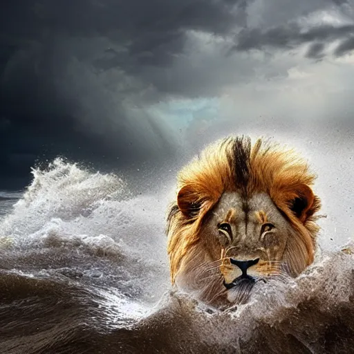 Image similar to a lion's face breaching through a wave, stormy weather