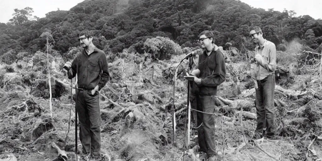 Image similar to bbc tv presenter louis theroux holding a microphone talking to men cutting down ancient kauri trees at great barrier island, new zealand. enormous giant logs in background 1 9 5 0's photograph