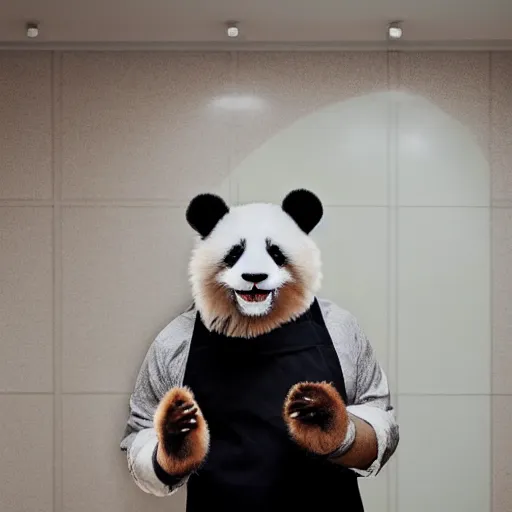 Prompt: A high contrast portrait of a very happy fuzzy panda dressed as a chef in a high end kitchen making dough. There is a painting of flowers on the wall behind him.