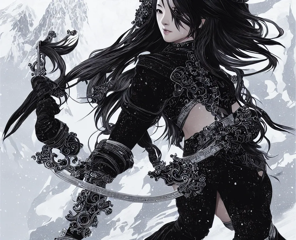 Image similar to portrait ninja gaiden girl, black plus white ninja wardrobe, at snowy fuji mountain sunrise, ssci - fi and fantasy, intricate and very very beautiful, detailed, digital painting, artstation, concept art, smooth and sharp focus, illustration, art by tian zi and wlop and alphonse mucha