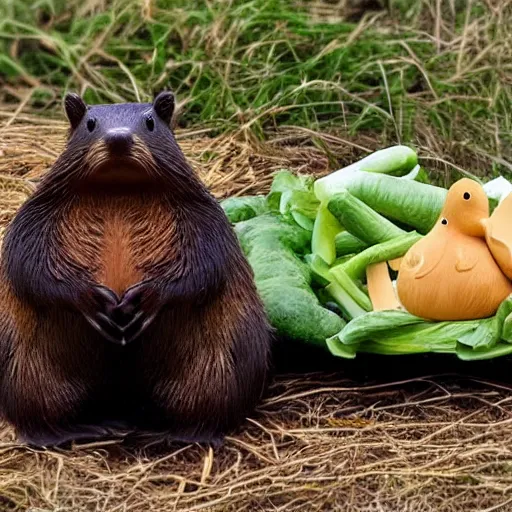 Image similar to real beaver and real duck sitting on vegetables