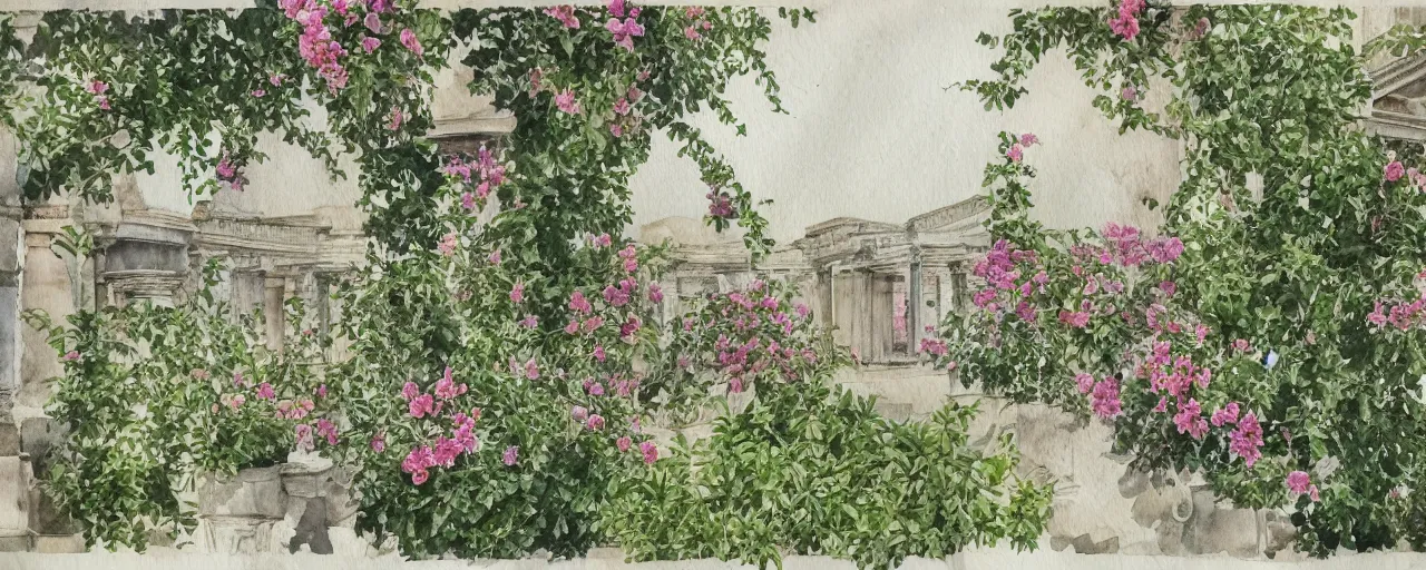 Image similar to isomeric view, delicate marble in a botanic garden, stony road, on a botanical herbarium paper, watercolor colored painting, iridescent colors, 8 k, realistic shaded, fine details, artstation, italian style, colonnade, vines, flowers, gardena architecture, pompeii