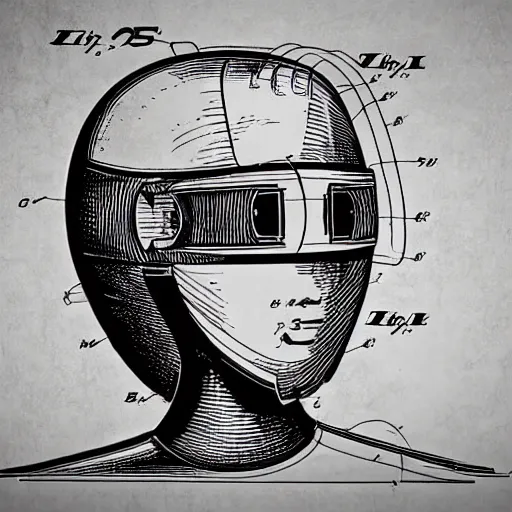 Image similar to a patent drawing of an intricate detailed vr headset from the future in the shape of a medieval knight helmet, extremely detailed alien technology vr!!! headset, with arrows and side angels