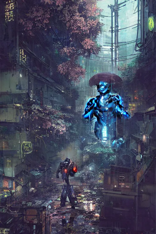 Image similar to vintage autochrome photo of ancient overgrown cyberpunk tokyo with robot by craig mullins, rutkowski, hiroshi yoshida, night, rain, flowers, beautifully lit, hyperdetailed, unreal engine, 3 d rendered, photorealistic, artstation, cgsociety