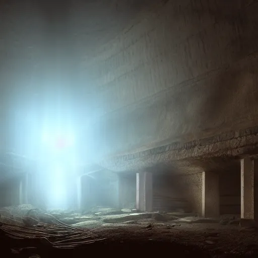 Prompt: underground cavernous necropolis with a lone beam of light illuminating it, digital painting, cinematic lighting, brown tint, gloomy, photorealistic