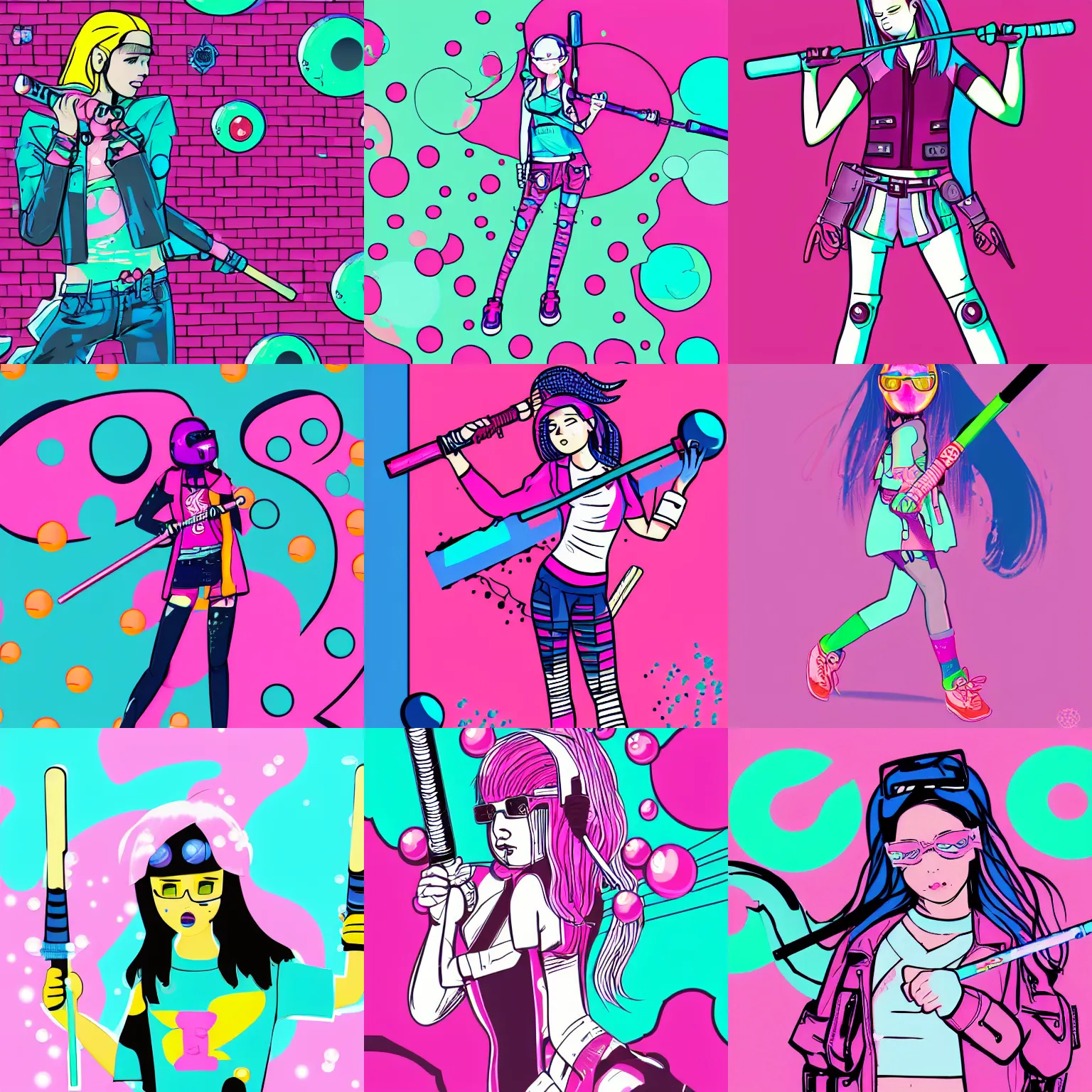 Prompt: illustration of cyberpunk girl with the baseball bat, bubble gum bubble, pink, teal, rose, magenta, blue, green, splattets design, fashion