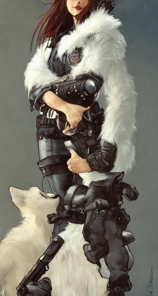 Prompt: anthropomorphic female wolf police officer with white fur. Renowned character illustration by greg rutkowski, thomas kindkade, alphonse mucha, loish, norman rockwell. Trending on furaffinity.